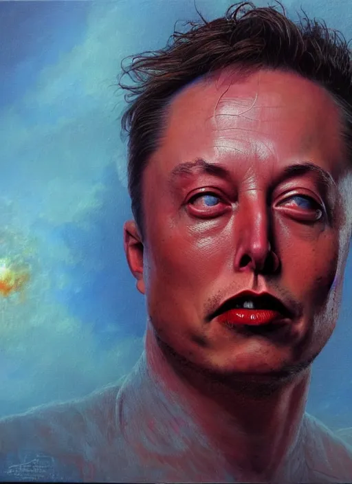 Image similar to A painting of Elon Musk in style of Beksinski. Very detailed