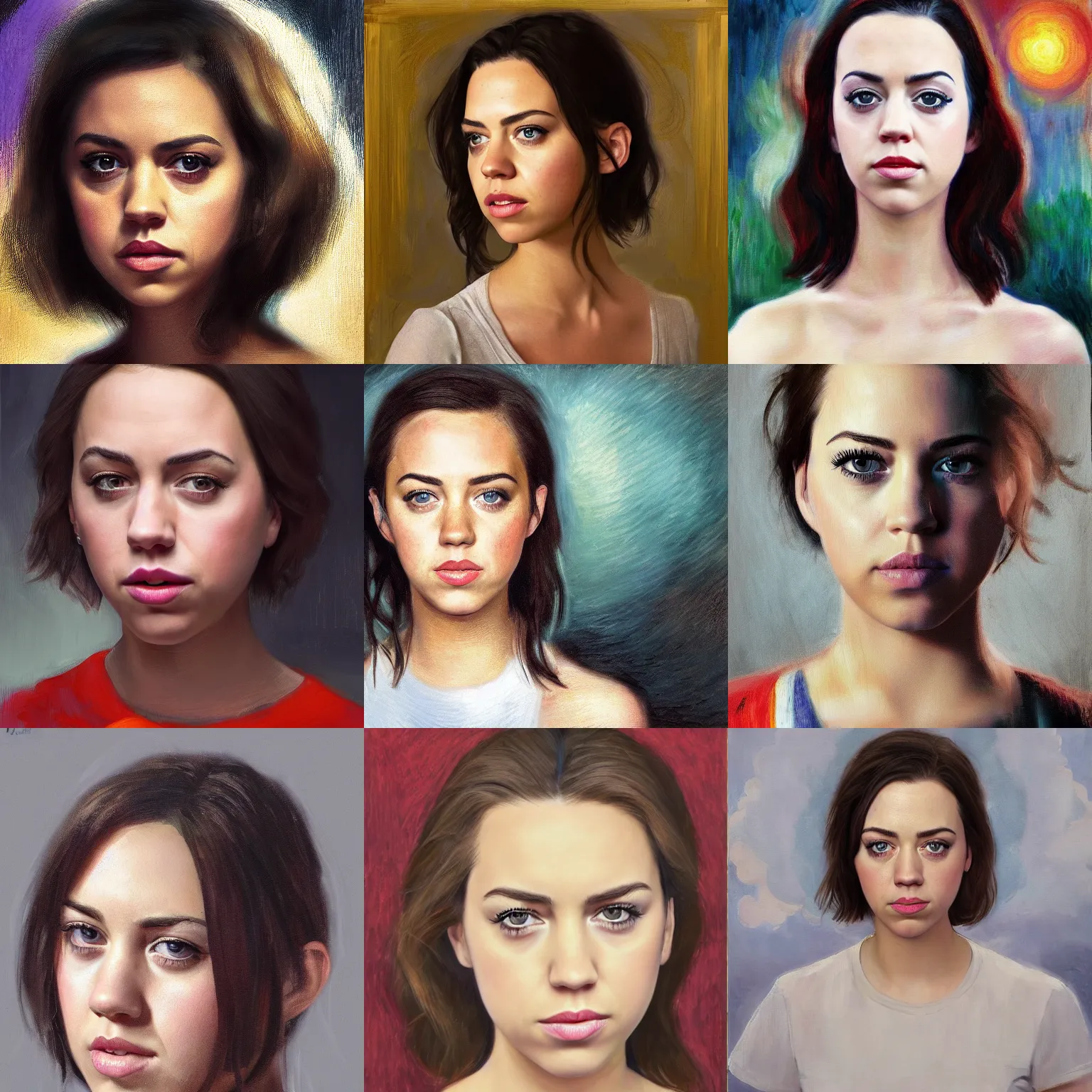 Prompt: portrait of a mix between young aubrey plaza, katy perry, emma watson, scarlett johansson, ryan kiera armstrong, jennifer lawrence, 4 k art trending on artstation by monet, rembrandt, oil painting, digital, deaged