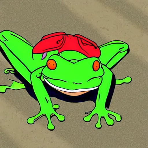 Prompt: frog running late for school, anime screenshot, shonen
