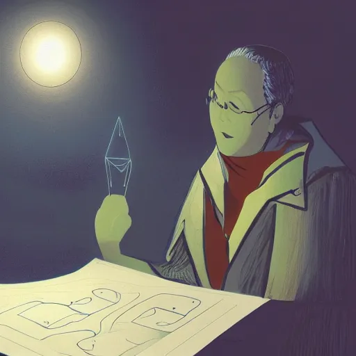 Prompt: a professor looking at stuff, higly detailed, dimm light, night, award - winning illustration, mystic