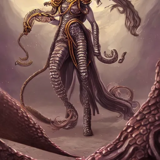 Image similar to torquoise armored medusa holding a spear, snake hair, snake hair, snake hair, medusa, medusa!, pillars background with ruined and statues, fantasy game art, fantasy rpg, league of legends