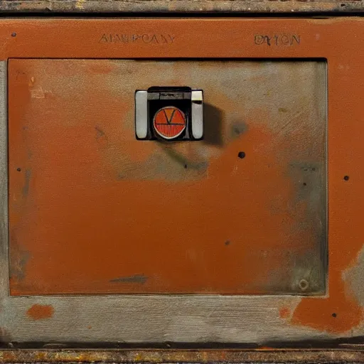 Image similar to A still life of a safe on the wooden ground, wood panels, metalic, (((rusty))), ((Edwin Foley))