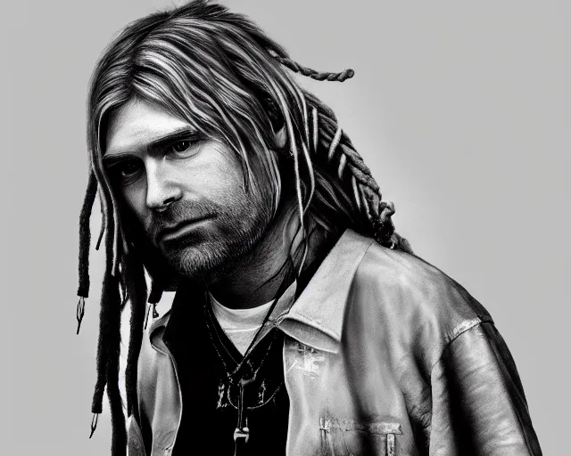 Prompt: realistic kurt cobain with dread locks and a rope around its neck, detailed, facial accuracy, volumetric lightning, 4K, trending on artstation