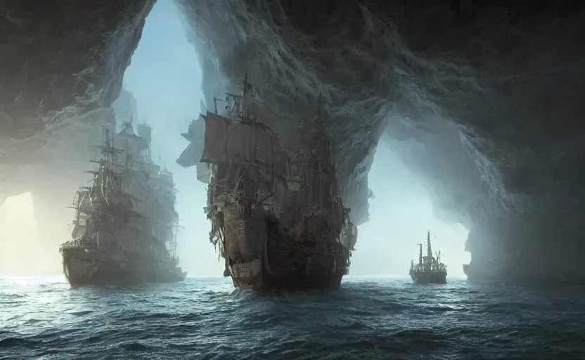 Image similar to A singular big galleon ship, three masts, front and center, in a cave. Underexposed, dark, centered. Atmospheric matte painting by Darek Zabrocki and Emmanuel Shiu, 4k ultra detailed