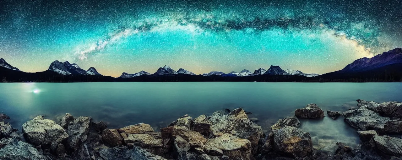 Prompt: beautiful nighttime landscape photography of the Rocky Mountains with a crystal blue lake, hyper detailed milky way galaxy sky, serene, dramatic lighting.