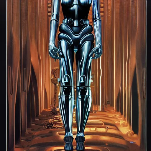 Image similar to a female with robotic interior, cyborg, by clyde caldwell, james c. christensen, h. r. giger, george tooker