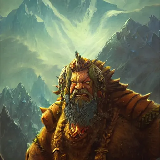 Image similar to the hero mountain king from the game warcraft, oil painting, by greg rutkowski