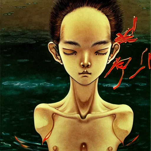 Image similar to prompt: Fragile looking vessel portrait face drawn by Katsuhiro Otomo, nymph in the water performing alchemy, intricate oil painting, soft dark light, intricate detail, intricate oil painting detail, sharp high detail, manga and anime 2000