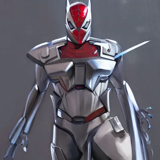 Image similar to greg manchess portrait painting of armored spiderman ultraman grey fox from metal gear cyborg gay japanese - american hybrid as overwatch character, medium shot, asymmetrical, profile picture, organic painting, sunny day, matte painting, bold shapes, hard edges, street art, trending on artstation, by huang guangjian and ail elvgren and sachin teng