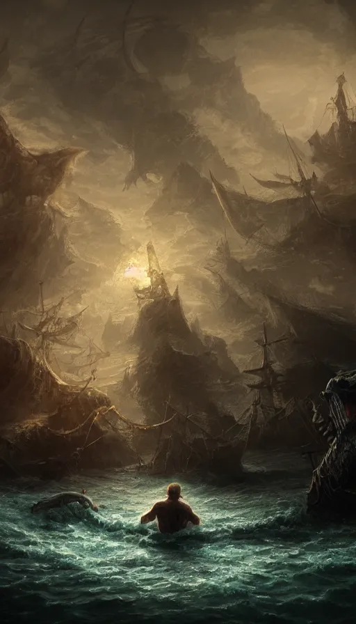 Image similar to man on boat crossing a body of water in hell with creatures in the water, sea of souls, by cgsociety