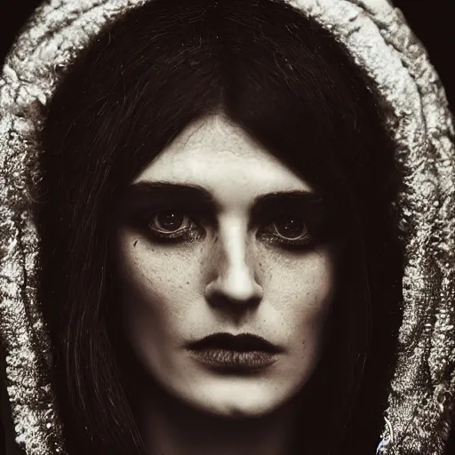 Prompt: an emotionally intense dramatic portrait closeup 5 0 mm photograph by mert alas of morgan le fay, a powerful and ambiguous fae enchantress from the arthurian legends, gazing at the camera with an intelligent and knowing look, hasselblad f 1. 8 lens