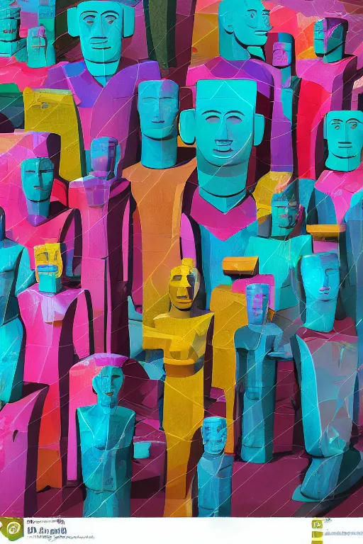 Image similar to cubist moai statue cutout digital illustration cartoon colorful beeple