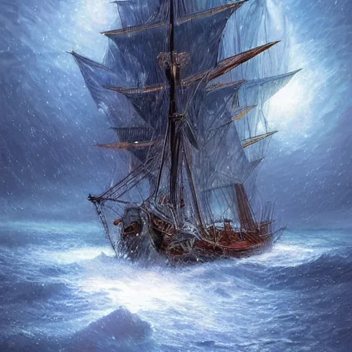 Image similar to a victorian era exploration frigate lost in the arctic, attacked by a polar kraken, in a snowstorm art by artgerm and Todd Shorr, featured on artstation