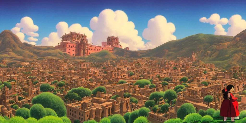 Image similar to background plate matte painting ghibli miyamoto pixar dreamworks vista guanajuato mexico.