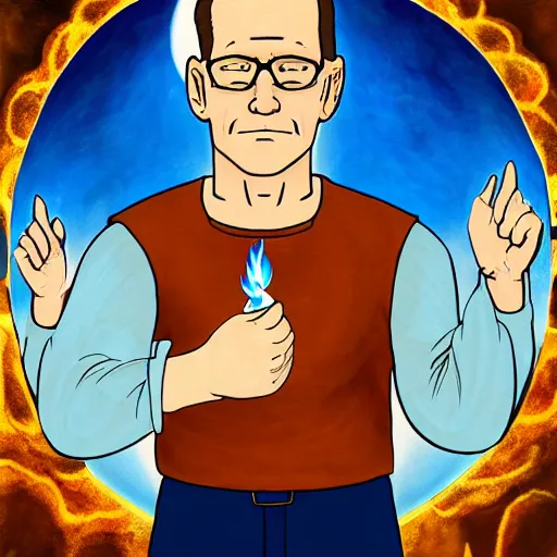 Prompt: hank hill as the god of propane, white tshirt, blue jeans, surrounded by blue fire, surrounded by blue flames, renaissance religious painting, late gothic religious paintings, byzantine religious art, trending on artstation