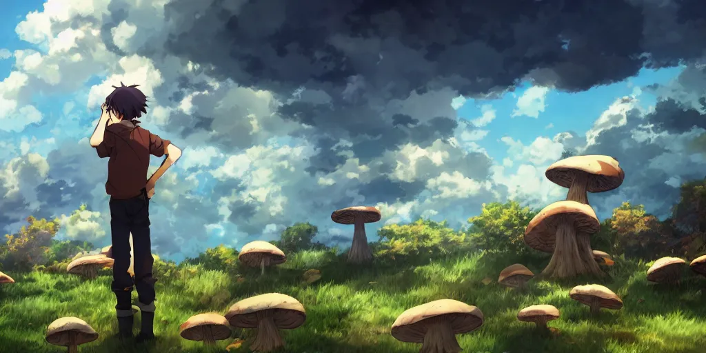 Prompt: isekai masterpiece anime boy standing tree log looking up at colossal mushrooms, high noon, cinematic, very warm colors, intense shadows, layered stratocumulus clouds, anime illustration, anime screenshot composite background