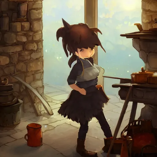 Image similar to a full body portrait of the short and fiery blacksmith Kitty with a beard at her forge, blacksmith's outfit, inside building, makoto shinkai, james gilleard, very detailed, matte, gaussian blur, tone mapped, Akihiko Yoshida.