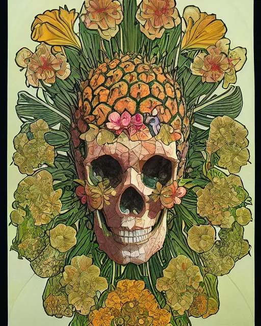 Image similar to a poster of a Carved ancient skull with pineapple leaves growing out of the top art surrounded by varities of flowers, cell shading, voronoi, fibonacci sequence, sacred geometry by Alphonse Mucha, Moebius, hiroshi yoshida, Art Nouveau, colorful, ultradetailed, vivid colour, 3d