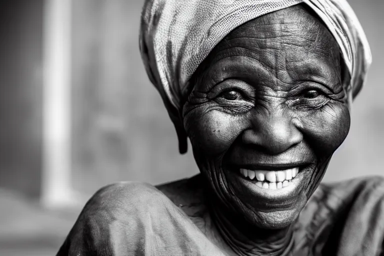 Prompt: still photo of a old african woman smiling at the camera on the street, black and white color aesthetic, highly detailed, photorealistic portrait, bright studio setting, studio lighting, crisp quality and light reflections, unreal engine 5 quality render