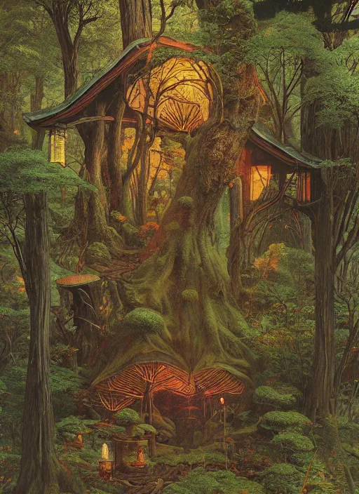 Image similar to hyper realistic witch cottage japanese shrine in the woods gorgeous lighting, highly detailed, lush forest painting by zdzisław beksinski and norman rockwell and greg rutkowskiweta studio, and lucasfilm