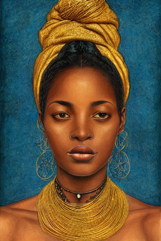 Image similar to Portrait of a Beautiful African female, sad green eyes, beautiful skin, elegant, jewellery, digital painting, Pre-Raphaelites, highly detailed, concept art, smooth, sharp focus, gold and indigo, illustration, art by Klimt .