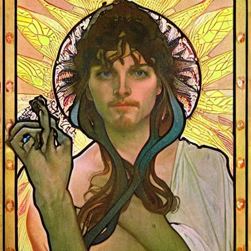 Image similar to lizard lizard lizard lizard jesus, close up, by alphonse mucha