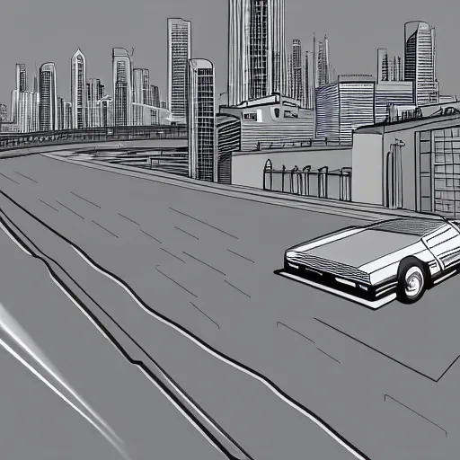 Image similar to point perspective, neon city sharp, delorean hovers in the foreground