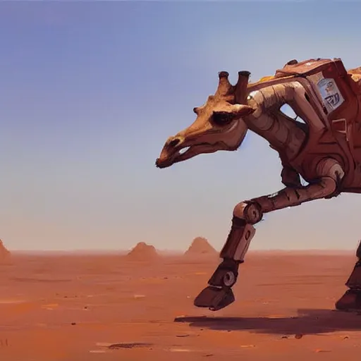 Image similar to a half robot giraffe walking on mars, trending on artstation, art by greg manchess, guangjian, detailed digital art, artstation hd