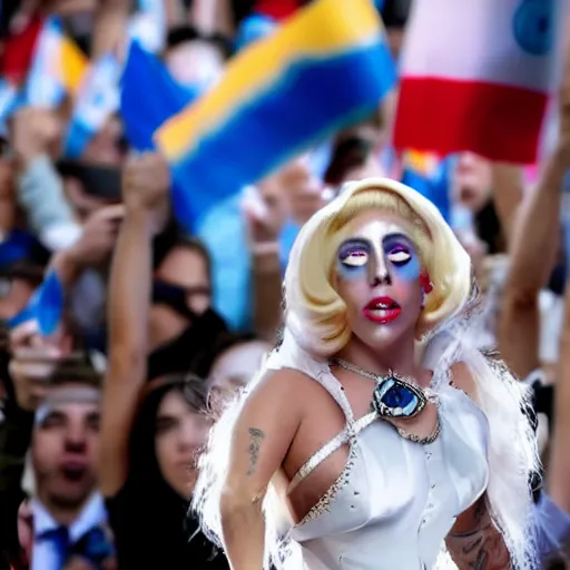 Image similar to Lady Gaga as Evita, Argentina presidential rally, Argentine flags behind, bokeh, epic photo, detailed face, Argentina