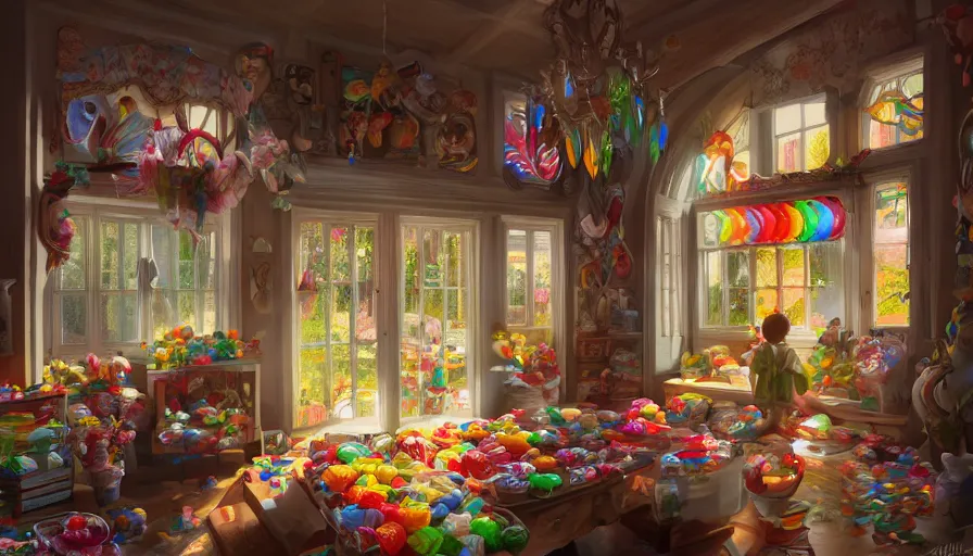 Prompt: house full of candies, sunlight through windows, hyperdetailed, artstation, cgsociety, 8 k