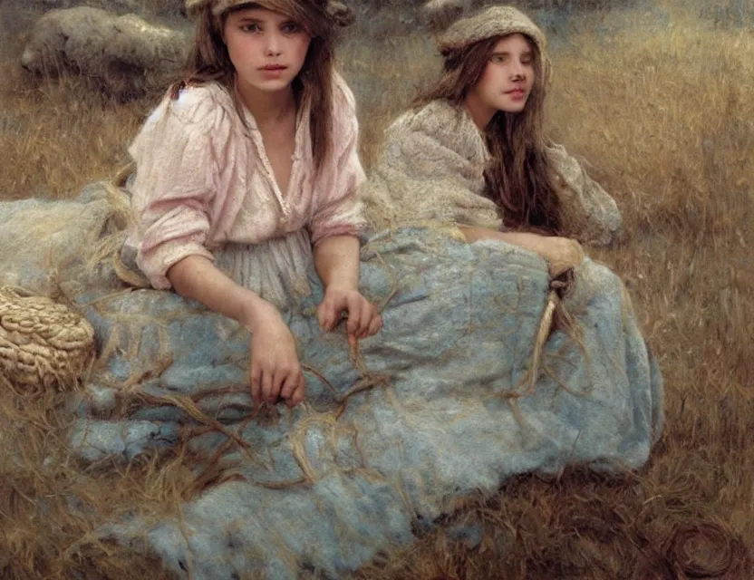 Image similar to peasant girl with long hair yarn knitting, cottage core, cinematic focus, polaroid photo bleached vintage pastel colors high - key lighting, soft lights, foggy, by steve hanks, by lisa yuskavage, by serov valentin, by tarkovsky, 8 k render, detailed, oil on canvas