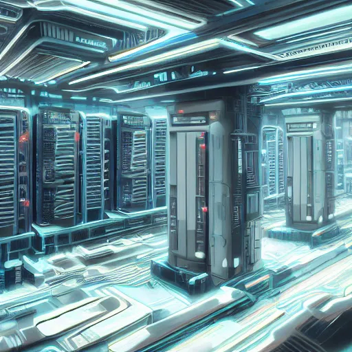 Image similar to professional painting of huge monumental conscious supercomputer with big face answers humankind questions in endless server room, trending on artstation, cyberpunk, sci - fi, futuristic, by greg rutkowski and maciej kuciara, high quality