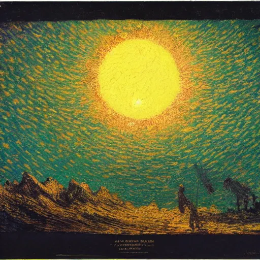 Prompt: stars, solar eclipse, looming over the earth, hdr, high detail, sharp focus, painting by gustave dore and vincent van gogh and claude monet and thomas kinkade and kuniyoshi utagawa, aizome, masterpiece, rich texture, rich vivid color