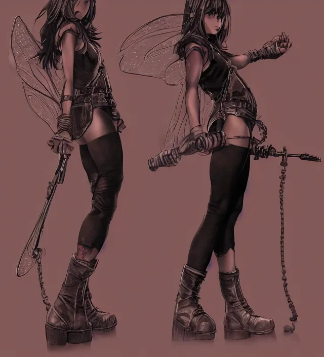 Image similar to full body pose, hd, manga anime portrait of a fairy girl in combat boots and overalls, in ishikawa ken frank miller jim lee alex ross style detailed trending award winning on flickr artstation,