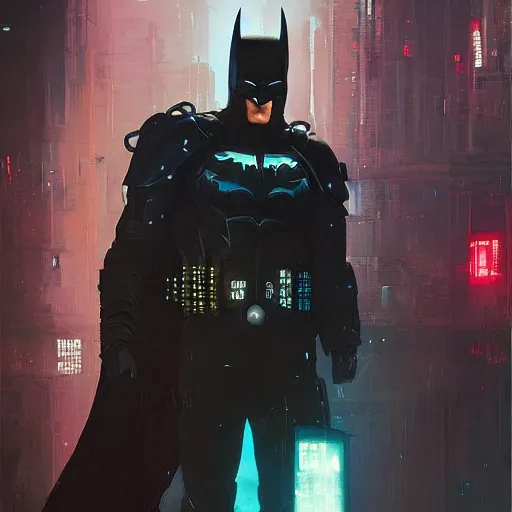 Image similar to cyberpunk batman, futuristic, brush strokes, oil painting, city background, greg rutkowski