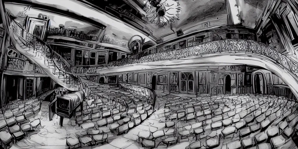 Prompt: a dimly lit, theater hall, 3 doors, 1 staircase, day of the tentacle style, fish eye