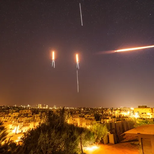 Image similar to Israel's Iron Dome intercepting rockets, night time, award winning photography, HQ, 8K