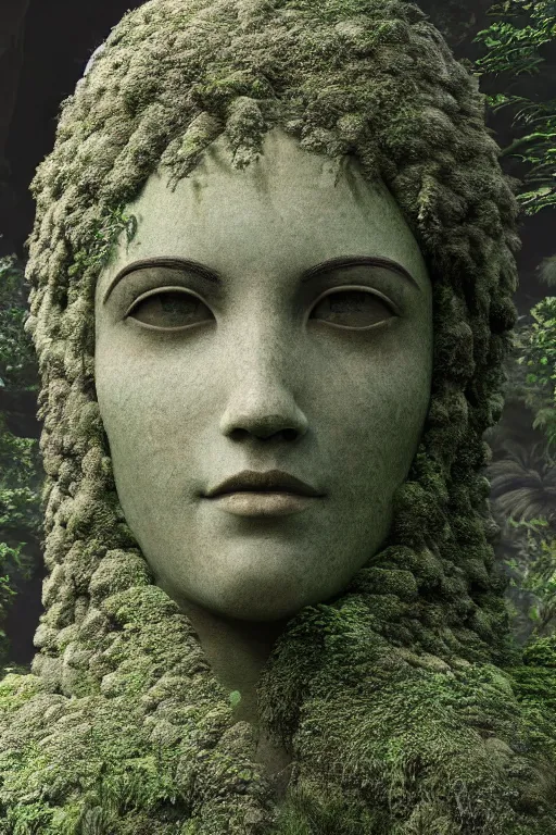 Image similar to giant stone statue of a goddess head, mossy stone, deep jungle, octane render, unreal engine, trending on artstation, ultra detailed, realistic, cinematic lighting, astmopheric, 8 k