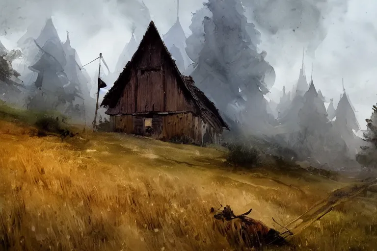 Prompt: paint brush strokes, abstract watercolor painting of rustic village fortress, pine trees, closeup, medieval straw roof, scandinavian viking age, fog, ambient lighting, art by hans dahl, by jesper ejsing, art by anders zorn, wonderful masterpiece by greg rutkowski, cinematic light, american romanticism by greg manchess, creation by tyler edlin