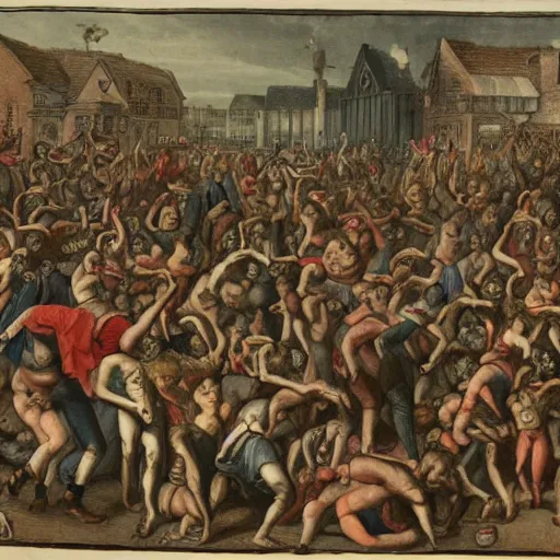 Image similar to where's wally in a crowd scene of, hellfire, demons, highly detailed