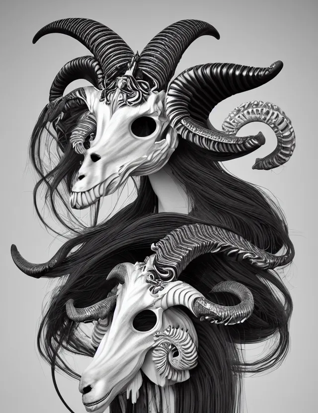 Image similar to 3 d goddess goat skull half - turn portrait with long hair with ram skull. beautiful intricately detailed japanese crow kitsune mask and clasical japanese kimono. betta fish, jellyfish phoenix, bio luminescent, plasma, ice, water, wind, creature, artwork by tooth wu and wlop and beeple and greg rutkowski