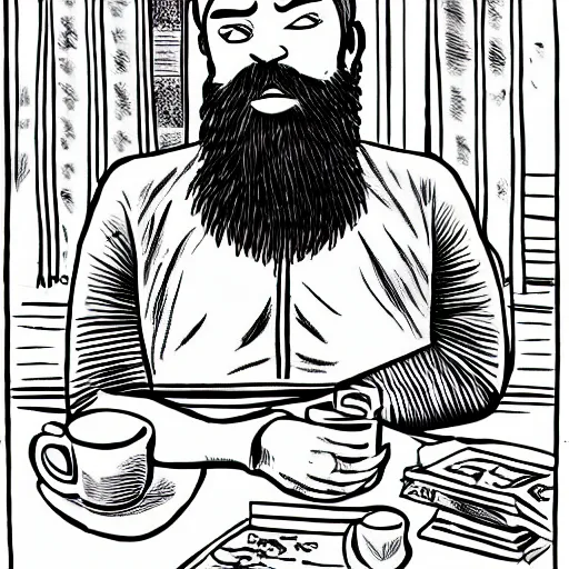 Image similar to sad man forty years old with a beard sitting at a coffee table, black and white, graphic novel