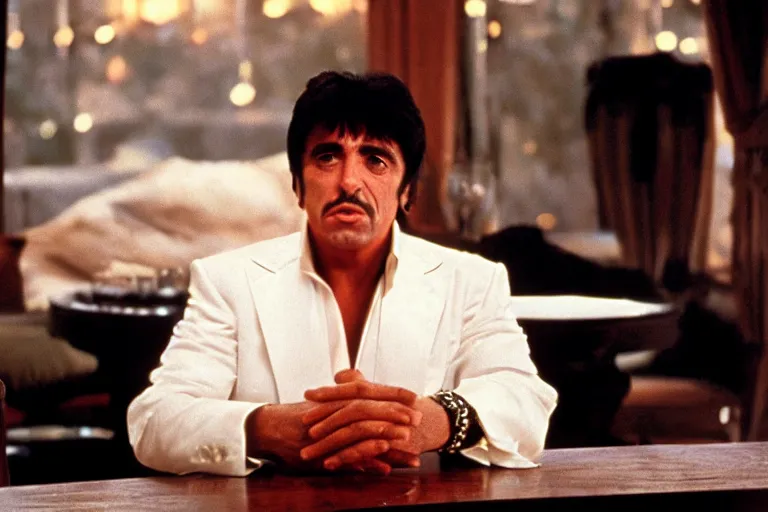 Image similar to tony montana from movie scarface 1 9 8 3 sitting behind a big black oak table with big large packages of flour. next to the night window. al pacino. perfect symmetric face, coherent eyes,, fine details, 4 k, ron cobb, cinestill
