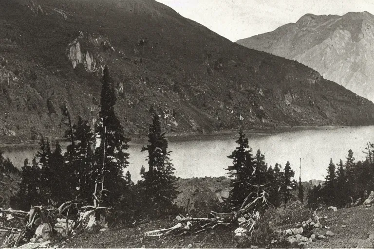 Image similar to very old photo of a landscape of mountains with lake and a dead tree in the foreground, , 1920