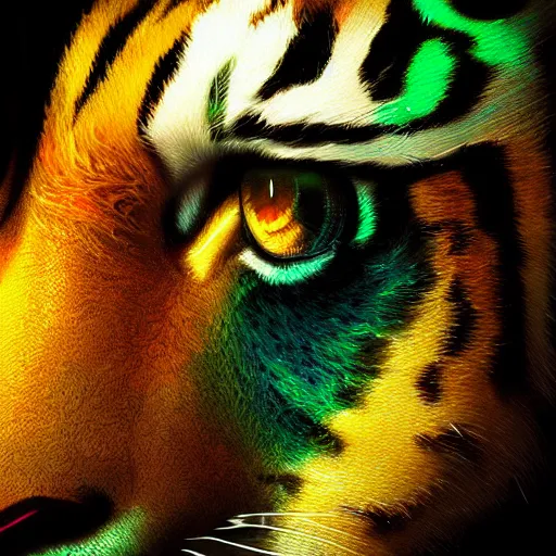 Image similar to close up face of a beautiful evil female tiger paladin in full shining armor with one menacing green and orange glowing eye, oil painting, digital painting, intricate detail, vivid color, neon color, artwork by ross tran + raymond swanland, background artwork by steven outram