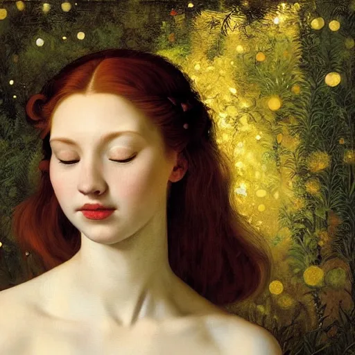 Prompt: portrait of a happy young woman, among the lights of golden fireflies and nature, long loose red hair, intricate details, green eyes, hint of freckles, round gentle face, gorgeous dress, deep focus, smooth, sharp, golden ratio, hyper realistic digital art by artemisia lomi gentileschi and caravaggio and artgerm