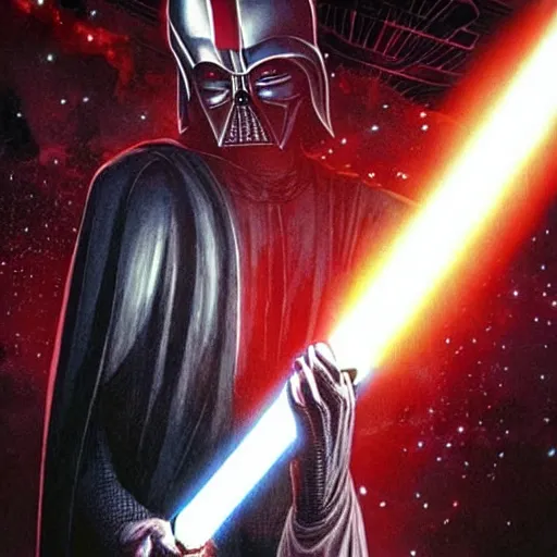 Prompt: morbius. morbius!!!!!!!!!! morbius. morbius holding a lightsaber. and darth vader, pyramids in background.