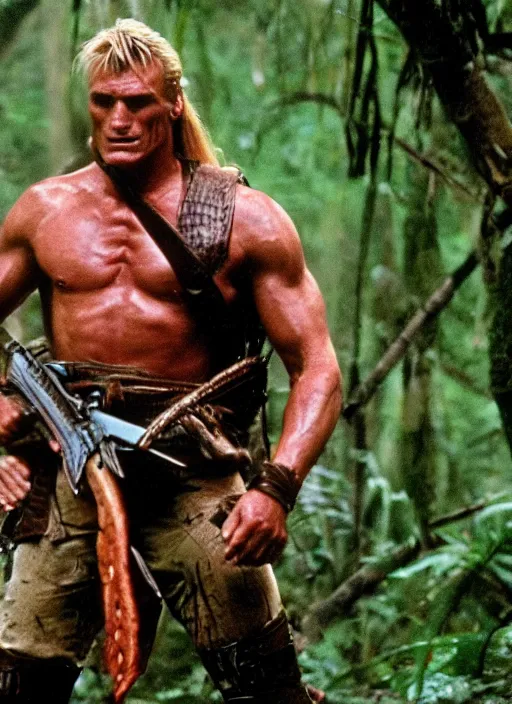 Prompt: film still of Dolph Lundgren as Dutch in Predator, 4k