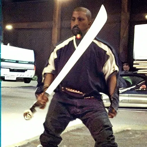 Prompt: Kanye West wielding a katana