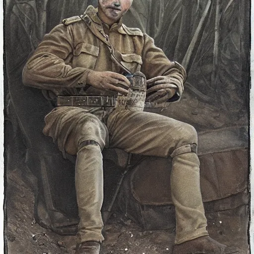 Image similar to a detailed photorealistic sepia - toned color portrait painting of a 1 9 1 7 worried clean - shaven british lieutenant in field gear in north arabia examining an ancient cylindrical clay jar, ultra realistic, intricate details, atmospheric, dark, horror, brooding, highly detailed, by clyde caldwell